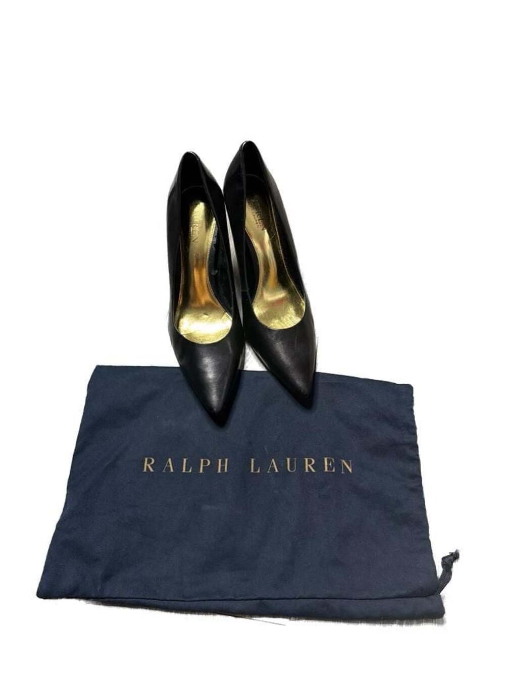 Lauren Ralph Lauren Sarina Black Leather Pointed-Toe Pumps with Gold Insoles 10B